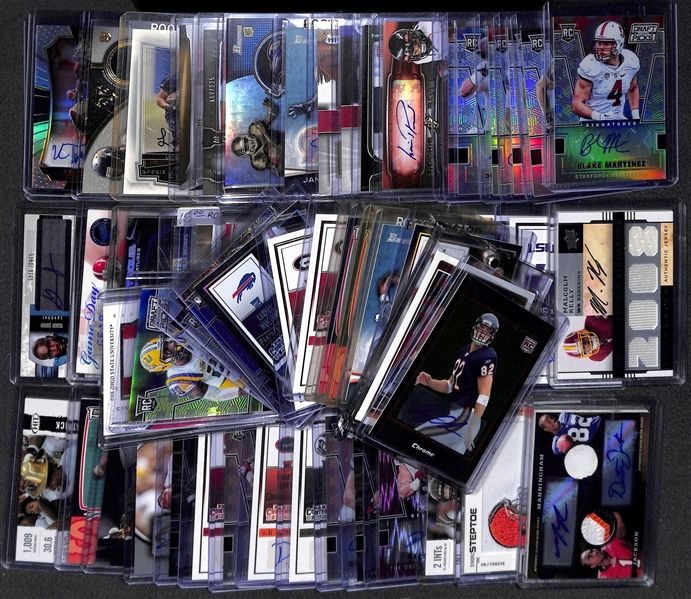 Lot of (59) Certified Football Autograph Cards (mostly rookies) w/  Makcolm Mitchell, Keith Marshall, Chris Johnson, Dan Conner, Lamar Miller, Ronnie Hillman, Brandon Doughty (#/99), Vernon Davis,...